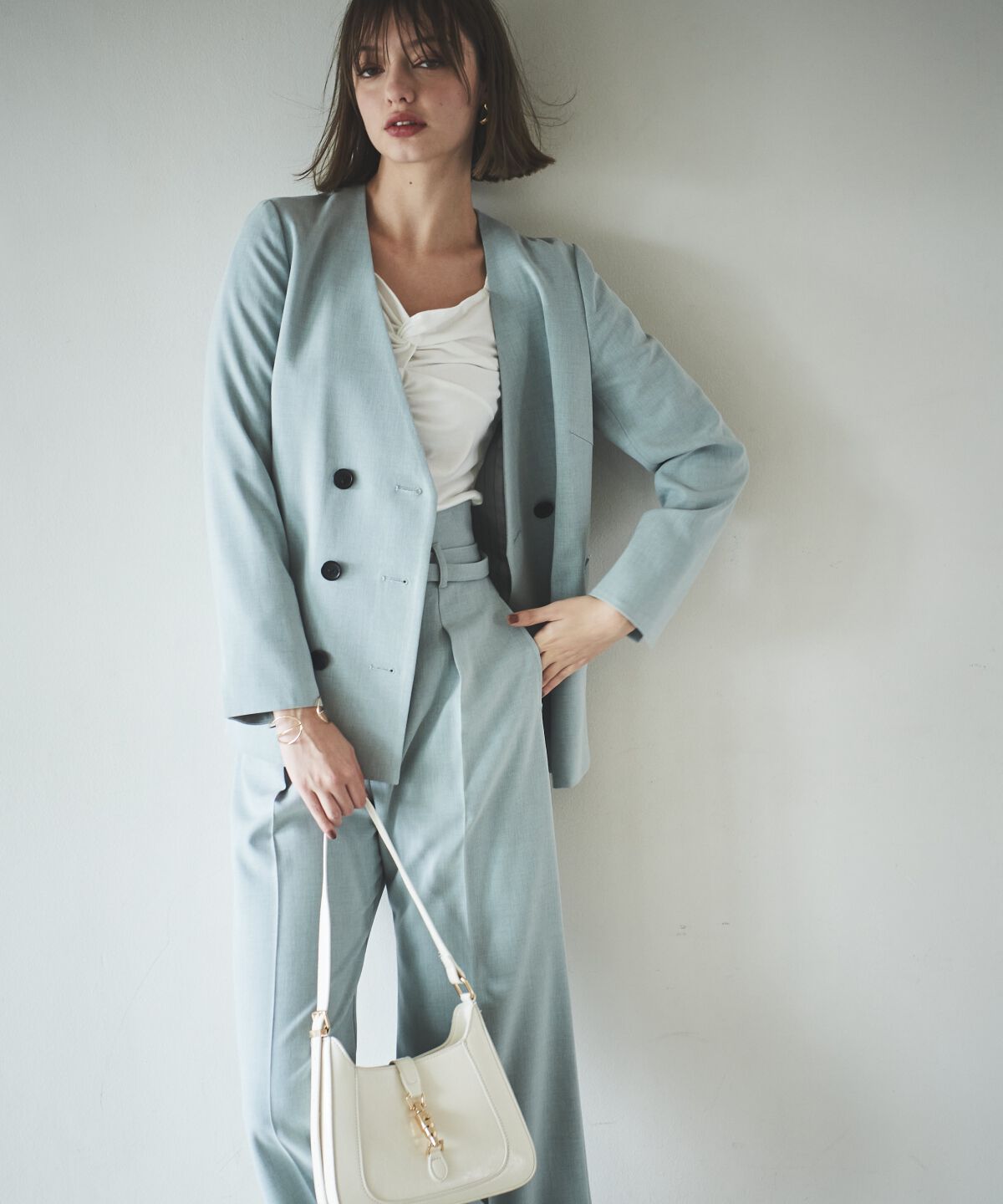 アンドクチュール「ノーカラーダブルジャケット」|ノーカラージャケット|