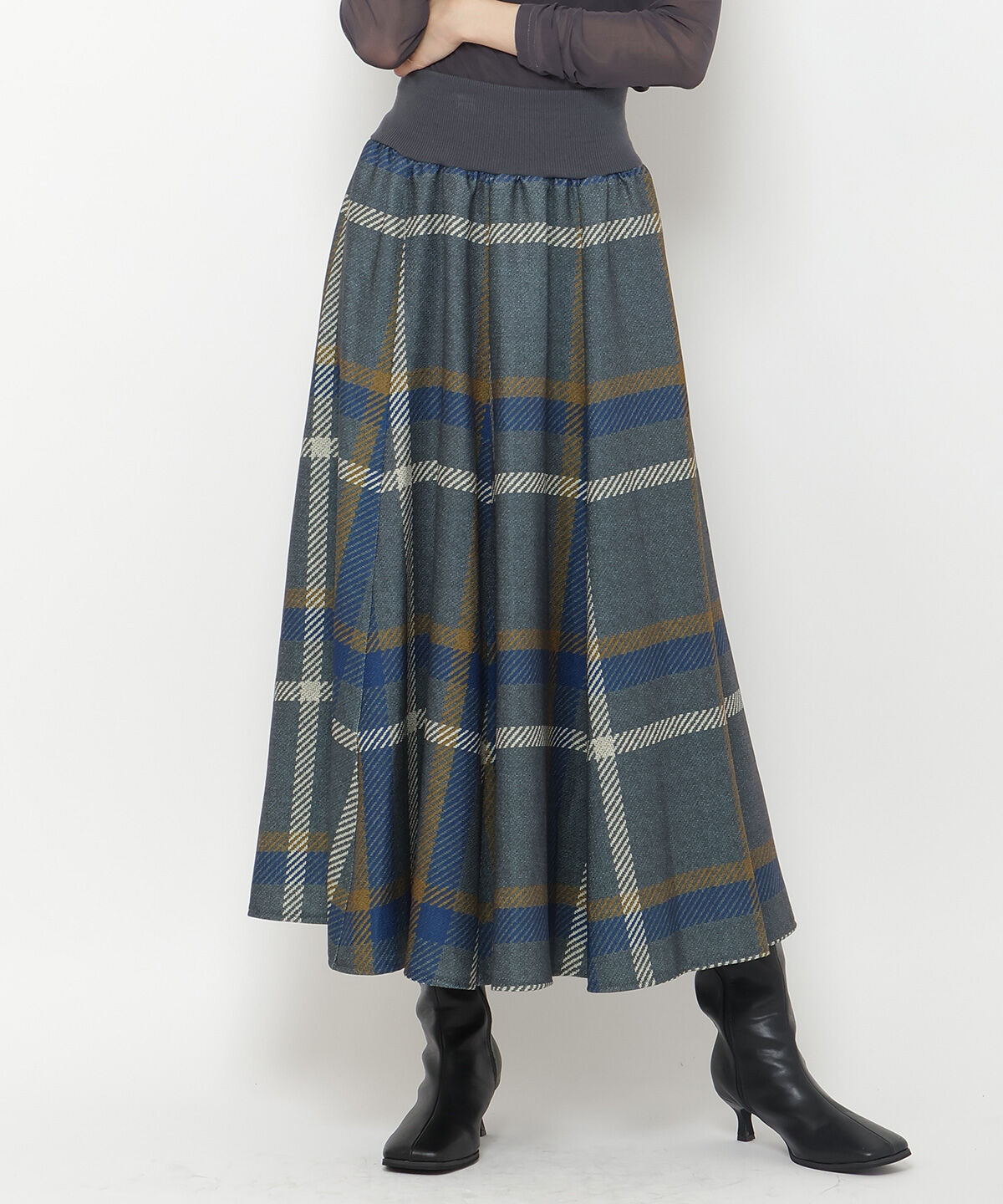 アンドクチュール「ウエストリブツイードチェックロングスカート」|フレア|