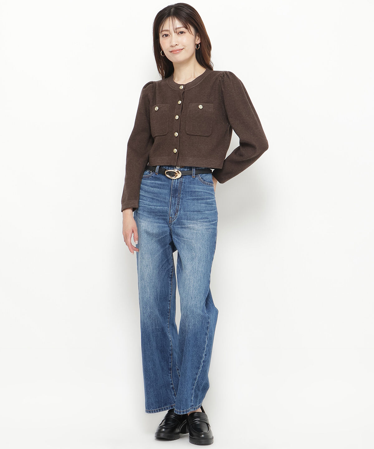 アンドクチュール「ノーカラーニットカーデジャケット」|カーディガン|