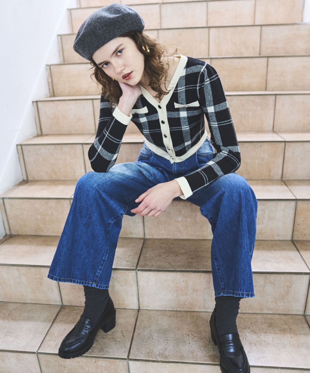 アンドクチュール「チェックジャガードVネックカーディガン」|カーディガン|