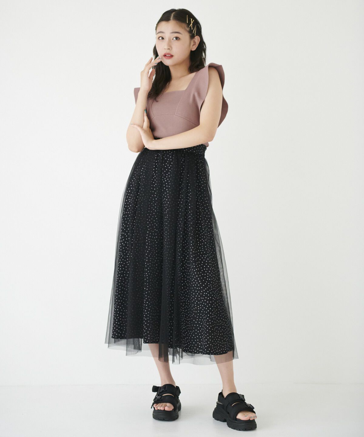REDYAZEL「ドット&times;チュールフレアスカート」|フレア|