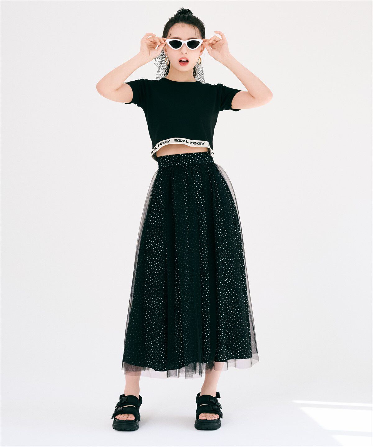 REDYAZEL「ドット&times;チュールフレアスカート」|フレア|