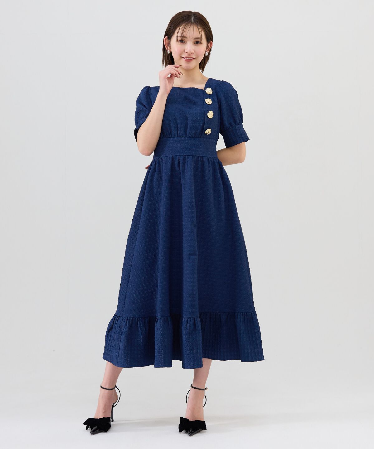 REDYAZEL「ニュアンスボタンジャガードワンピース」|ワンピース|ネイビー