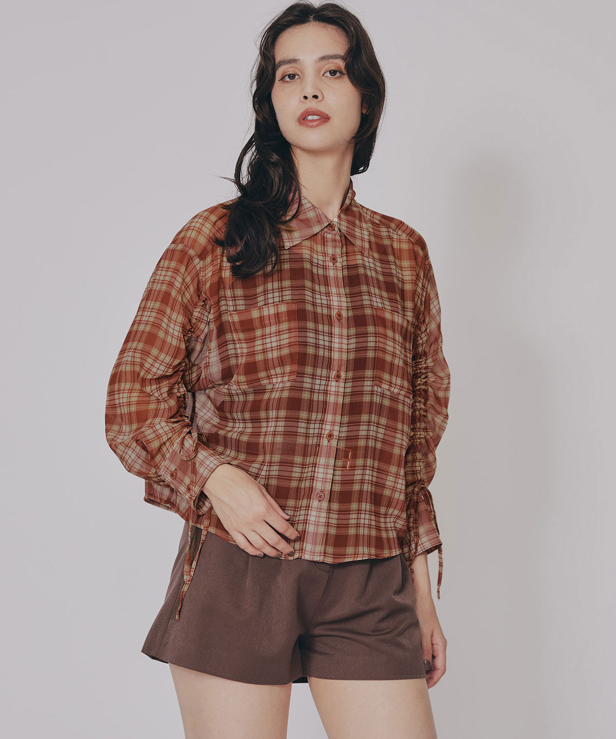 REDYAZEL「シアーチェックドロストスリーブシャツ」|シャツ・ブラウス|