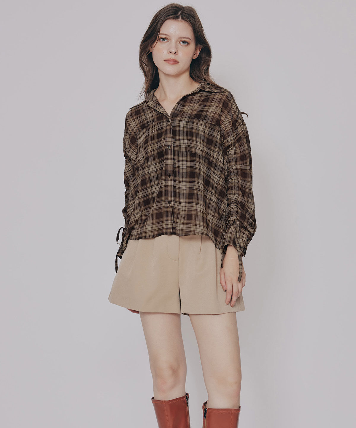 REDYAZEL「シアーチェックドロストスリーブシャツ」|シャツ・ブラウス|