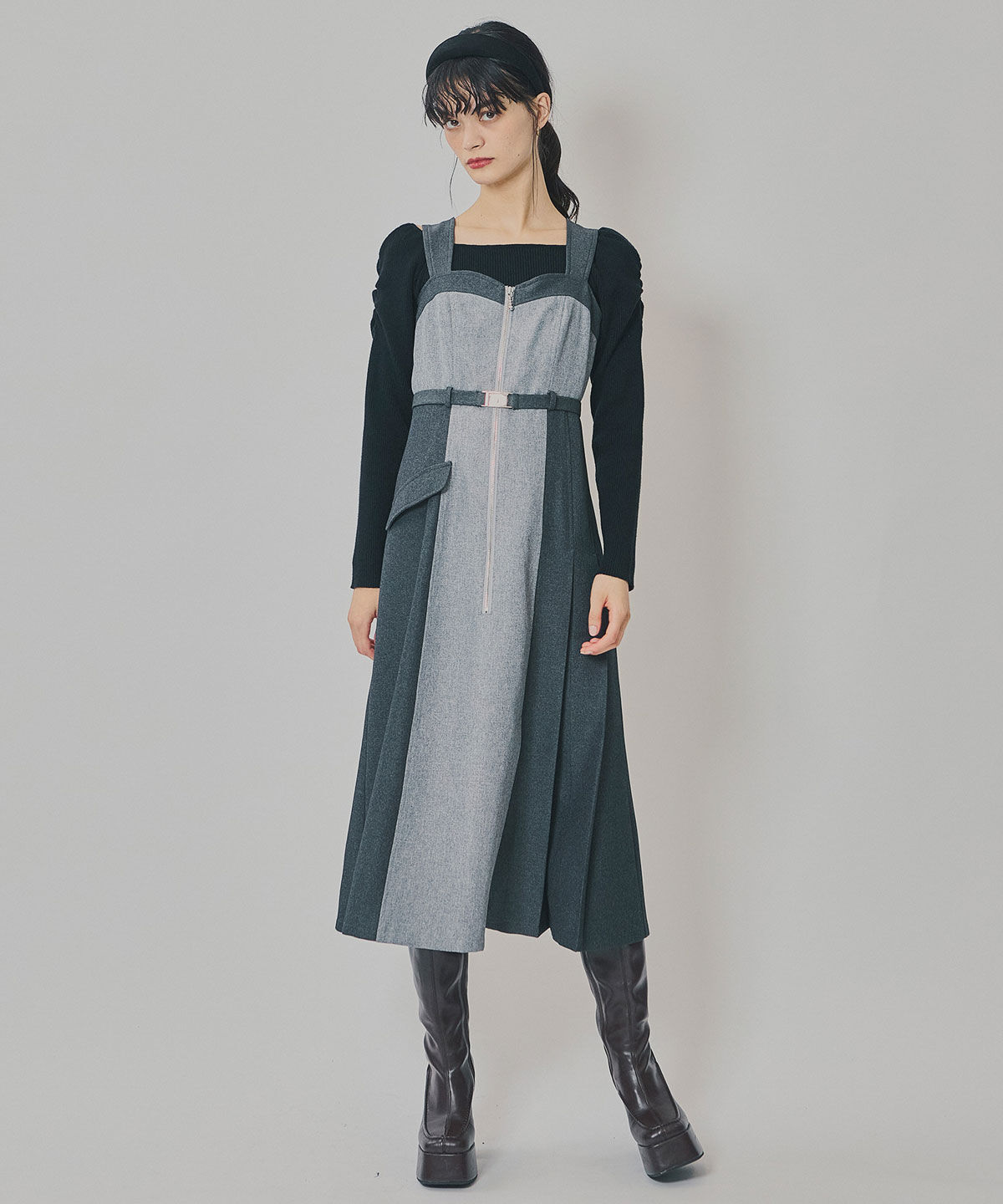 REDYAZEL「フロントジップバイカラージャンスカ」|ワンピース|ライトグレー