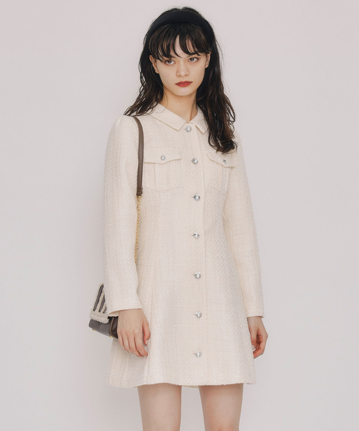 REDYAZEL「ビジューボタンファンシーツイードシャツミニワンピース」|ワンピース|オフ