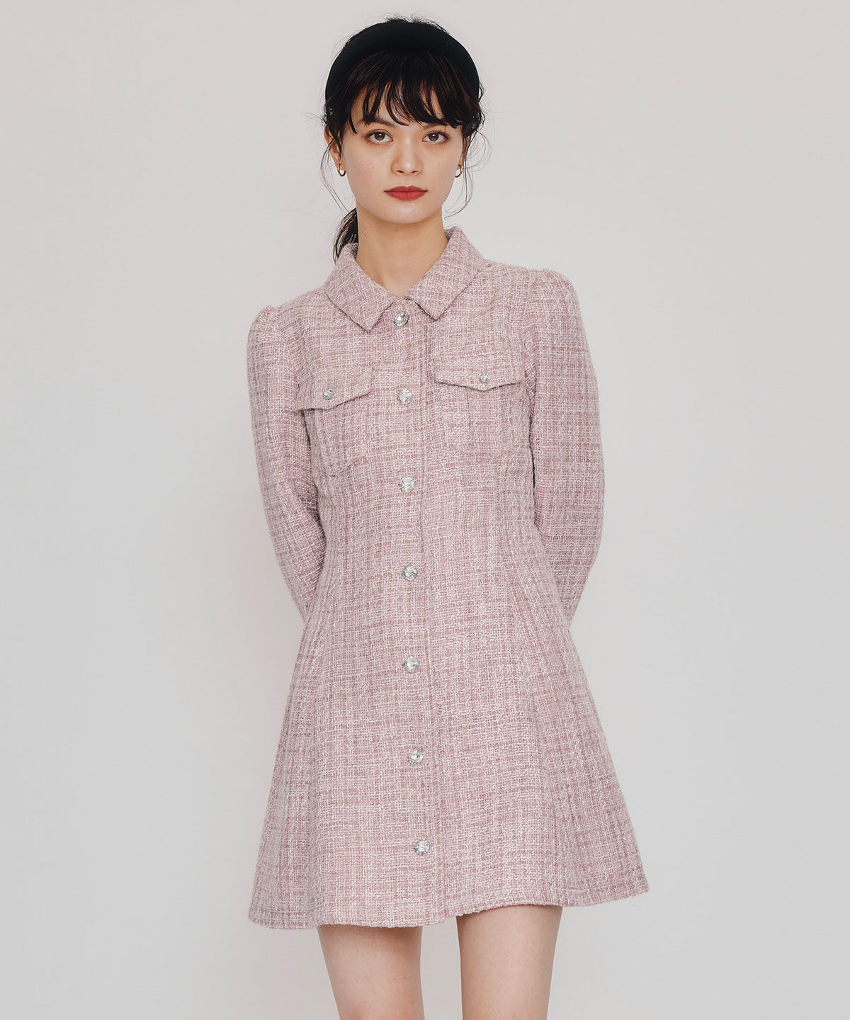 REDYAZEL「ビジューボタンファンシーツイードシャツミニワンピース」|ワンピース|