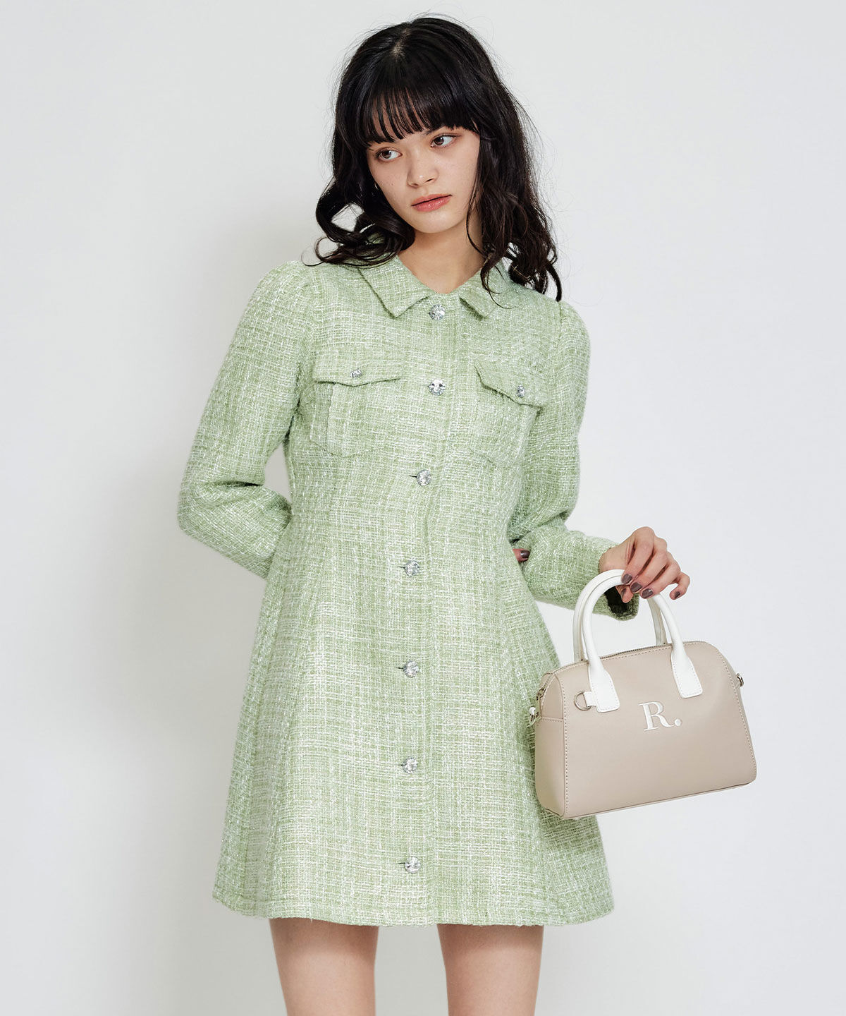 REDYAZEL「ビジューボタンファンシーツイードシャツミニワンピース」|ワンピース|ミント