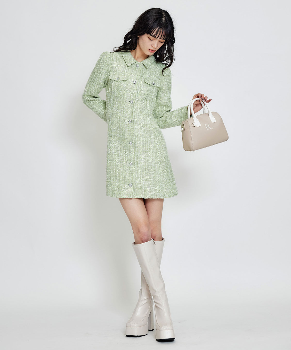 REDYAZEL「ビジューボタンファンシーツイードシャツミニワンピース」|ワンピース|