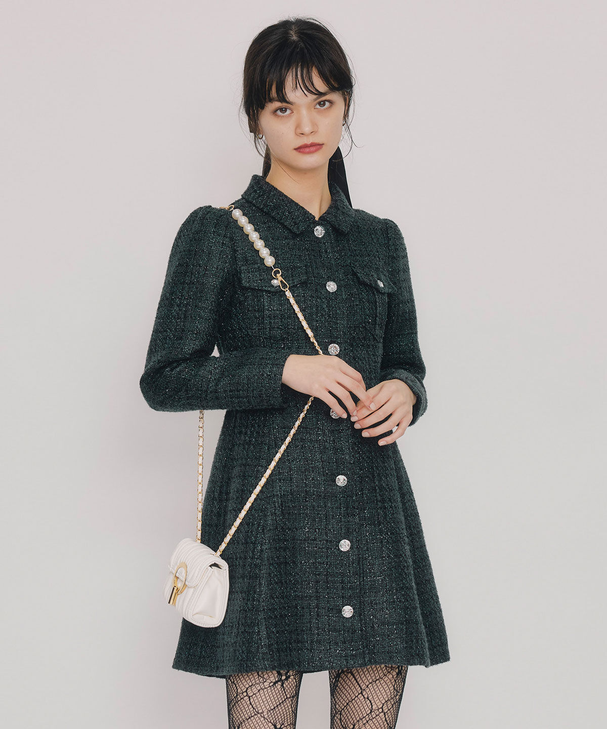 REDYAZEL「ビジューボタンファンシーツイードシャツミニワンピース」|ワンピース|ブラック