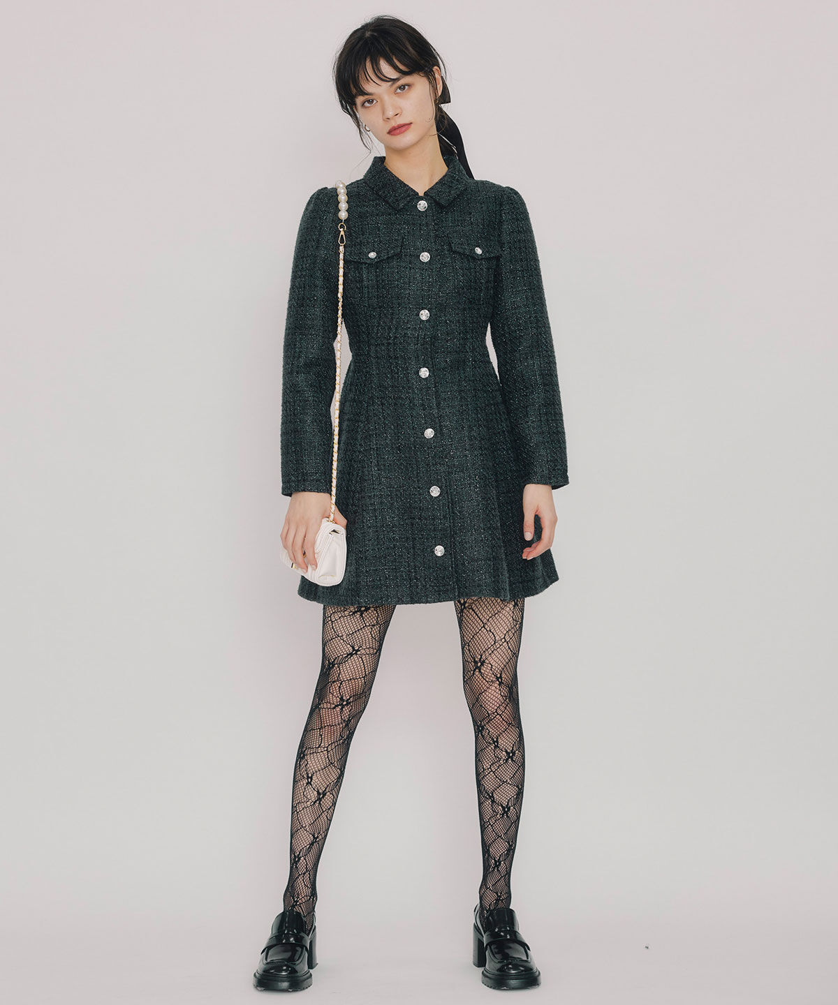 REDYAZEL「ビジューボタンファンシーツイードシャツミニワンピース」|ワンピース|