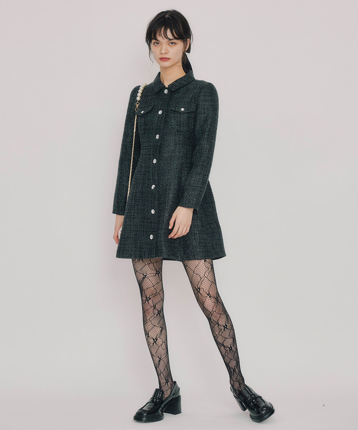 REDYAZEL「ビジューボタンファンシーツイードシャツミニワンピース」|ワンピース|