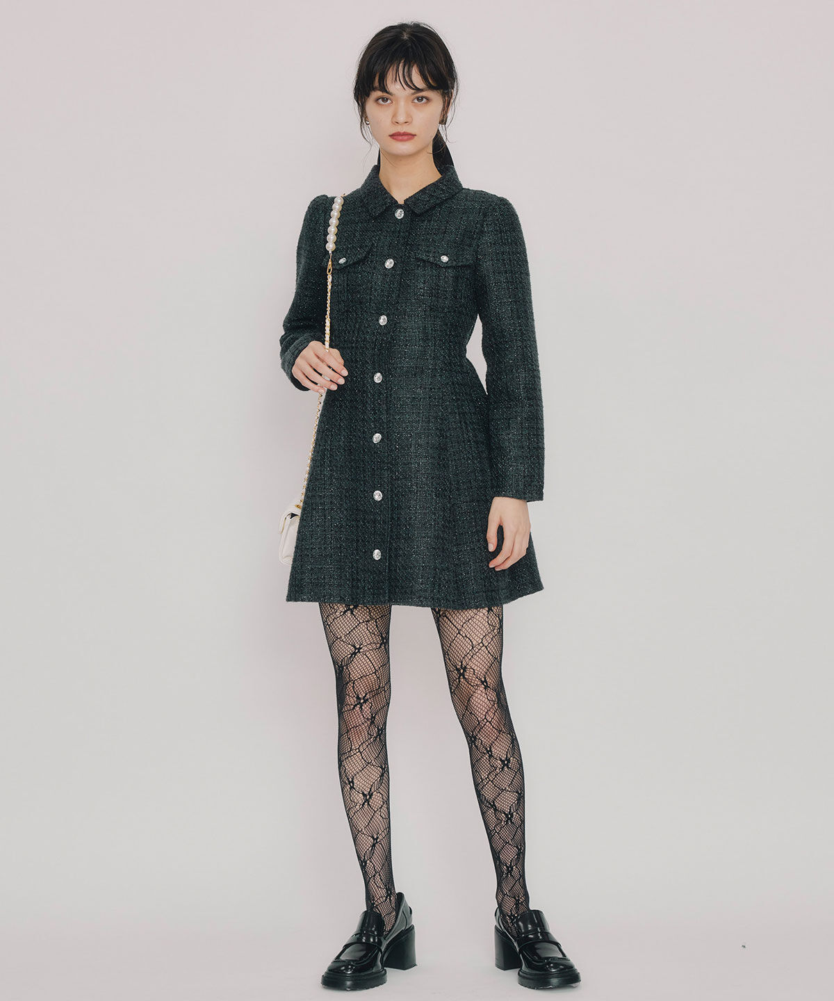 REDYAZEL「ビジューボタンファンシーツイードシャツミニワンピース」|ワンピース|