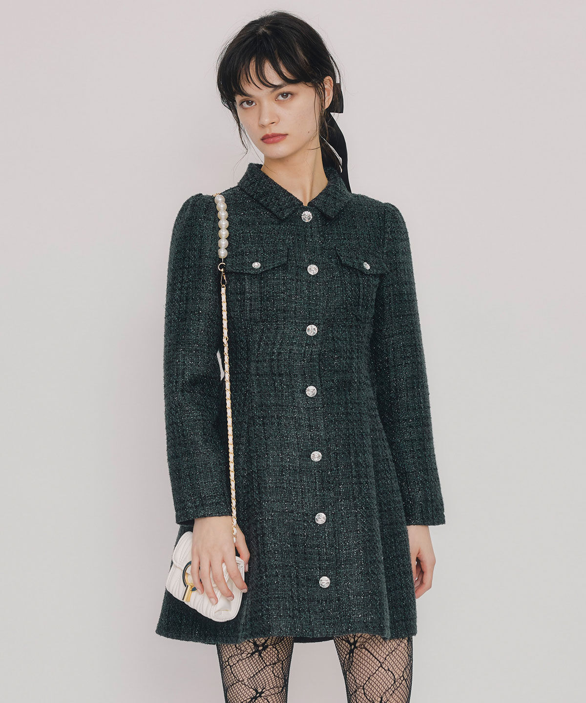 REDYAZEL「ビジューボタンファンシーツイードシャツミニワンピース」|ワンピース|