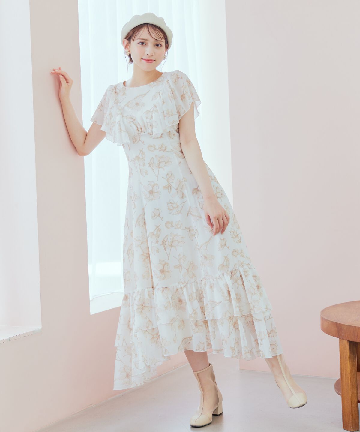 WILLSELECTION「ラインフラワー袖フリルワンピース」|ワンピース|白系花柄