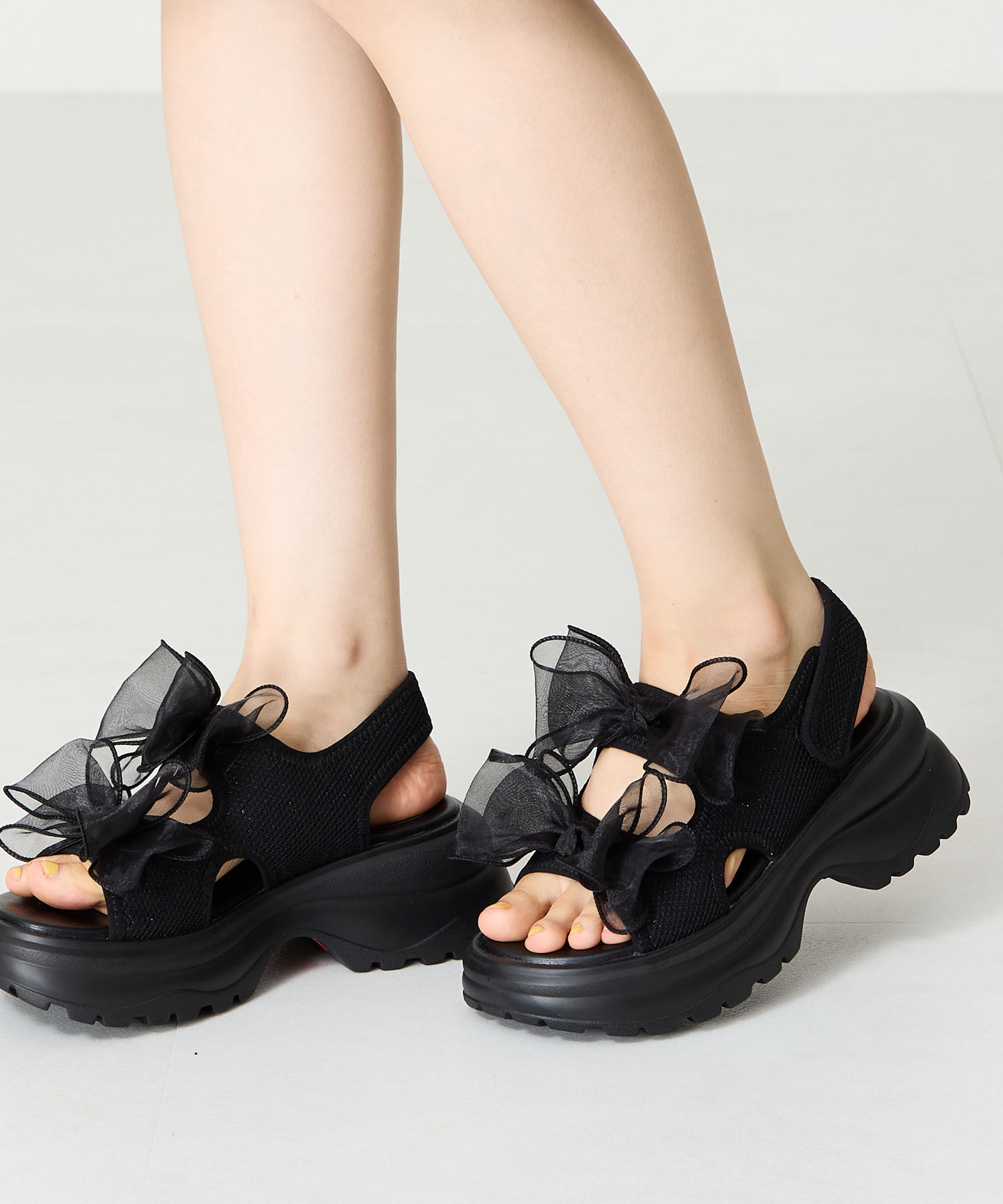 ORiental TRaffic「●2025春夏新作●ボリュームチュールリボン厚底サンダル/51237 厚底 リボン チュール 人気 トレンド」|サンダル|BLACK