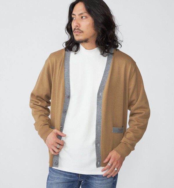 SHIPS「SHIPS:〈手洗い可能〉ICE WOOL カラーパネル Vネック ニット カーディガン」|カーディガン|ベージュ