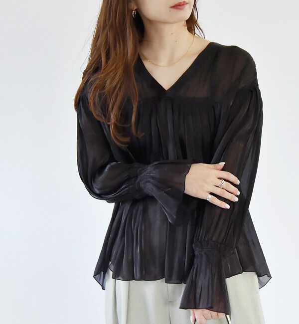 quaranciel「quaranciel:〈手洗い可能〉シアー シャイン サテン ギャザー ブラウス」|シャツ・ブラウス|ブラック