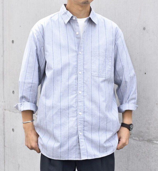 SHIPS any「SHIPS any: 〈洗濯機可能〉コットン / リネン ブルー ストライプ 7分袖 レギュラー シャツ◇」|シャツ・ブラウス|