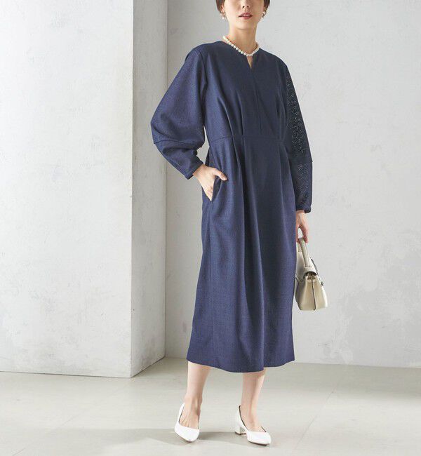 SHIPS for women「〈手洗い可能〉起毛 レース Iライン ワンピース」|ワンピース|ネイビー