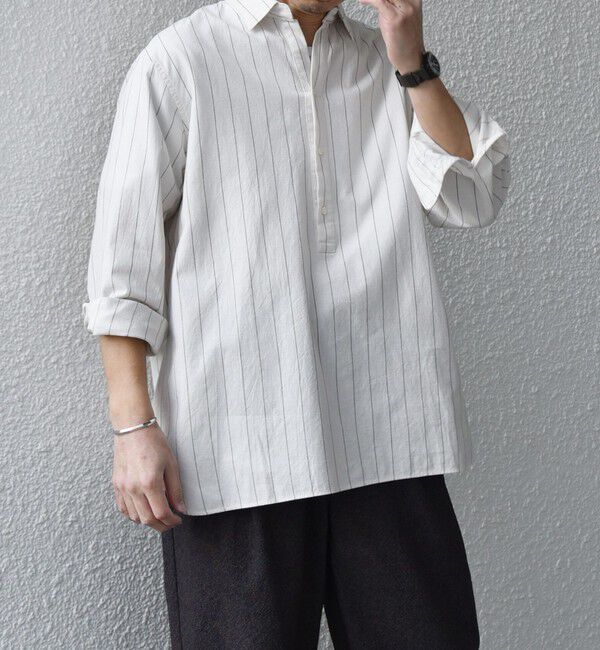 SHIPS any「SHIPS any:〈洗濯機可能〉コットン/リネン 7分袖  ストライプ スキッパー プルオーバー シャツ◇」|シャツ・ブラウス|