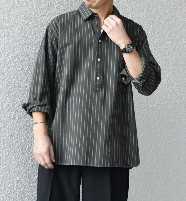 SHIPS any「SHIPS any:〈洗濯機可能〉コットン/リネン 7分袖  ストライプ スキッパー プルオーバー シャツ◇」|シャツ・ブラウス|オリーブ