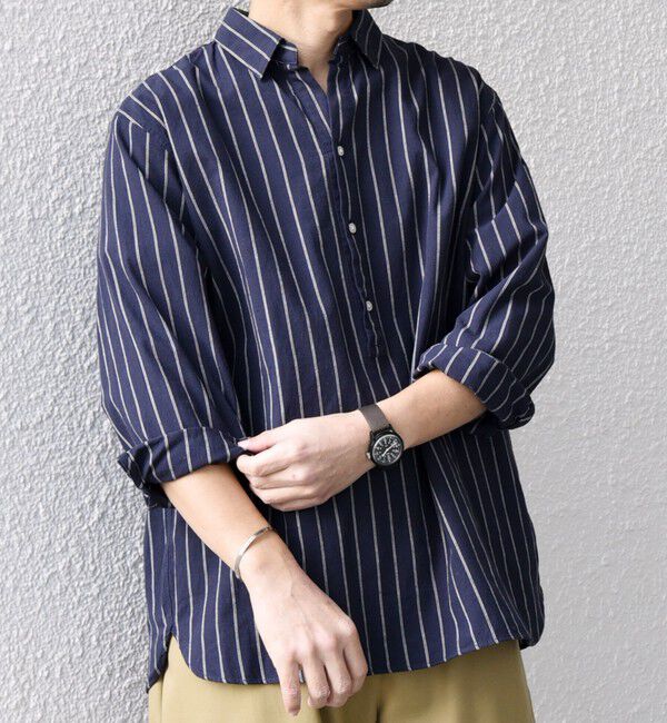 SHIPS any「SHIPS any:〈洗濯機可能〉コットン/リネン 7分袖  ストライプ スキッパー プルオーバー シャツ◇」|シャツ・ブラウス|