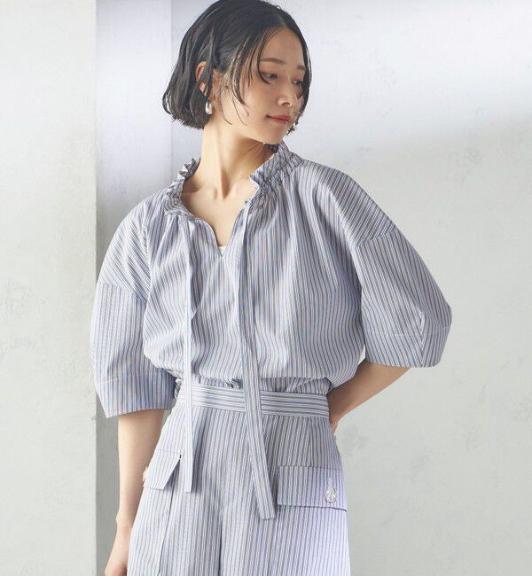 SHIPS for women「〈手洗い可能〉ストライプ フリル ネック リボン 半袖 ブラウス」|シャツ・ブラウス|