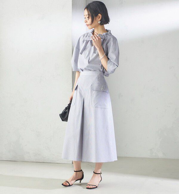 SHIPS for women「〈手洗い可能〉ストライプ フリル ネック リボン 半袖 ブラウス」|シャツ・ブラウス|