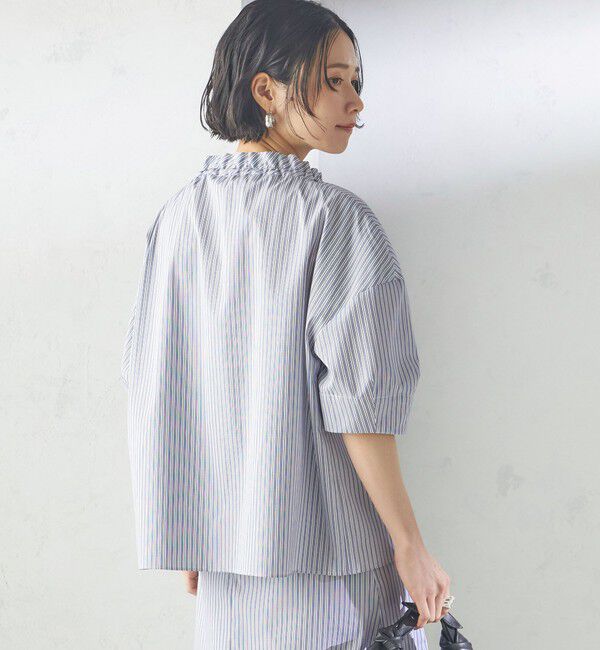 SHIPS for women「〈手洗い可能〉ストライプ フリル ネック リボン 半袖 ブラウス」|シャツ・ブラウス|