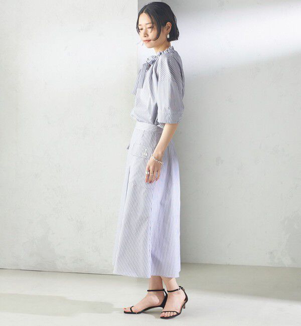 SHIPS for women「〈手洗い可能〉ストライプ フリル ネック リボン 半袖 ブラウス」|シャツ・ブラウス|