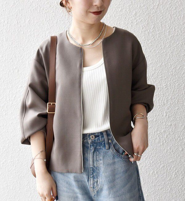 SHIPS any「SHIPS any:〈洗濯機可能〉ダブルクロス ノーカラー ジップ ブルゾン［NAVY BLUE］」|ノーカラージャケット|ブラウン