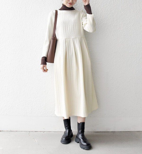 SHIPS any「SHIPS any:〈手洗い可能〉ジャカード ウエスト タック ノーカラー ワンピース［NAVY BLUE］」|ワンピース|