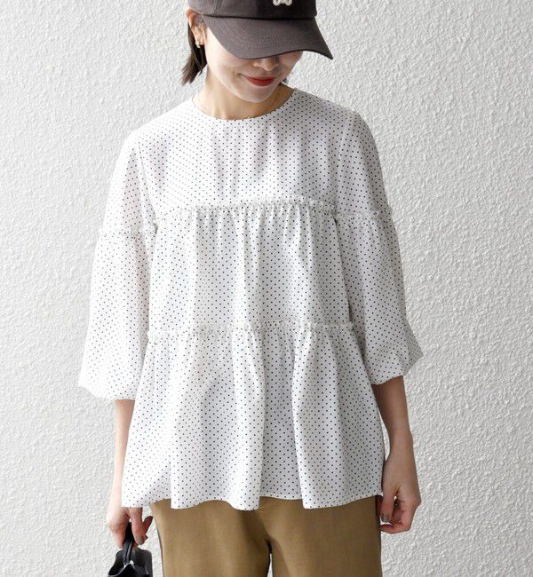 SHIPS any「SHIPS any:〈洗濯機可能〉ドット ノーカラー ティアード フレア ブラウス」|シャツ・ブラウス|