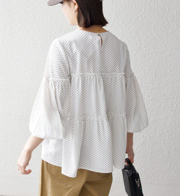 SHIPS any「SHIPS any:〈洗濯機可能〉ドット ノーカラー ティアード フレア ブラウス」|シャツ・ブラウス|