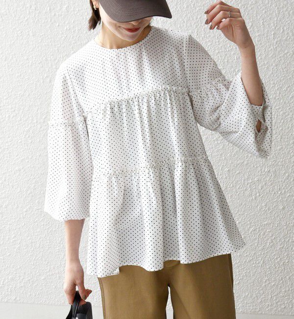 SHIPS any「SHIPS any:〈洗濯機可能〉ドット ノーカラー ティアード フレア ブラウス」|シャツ・ブラウス|