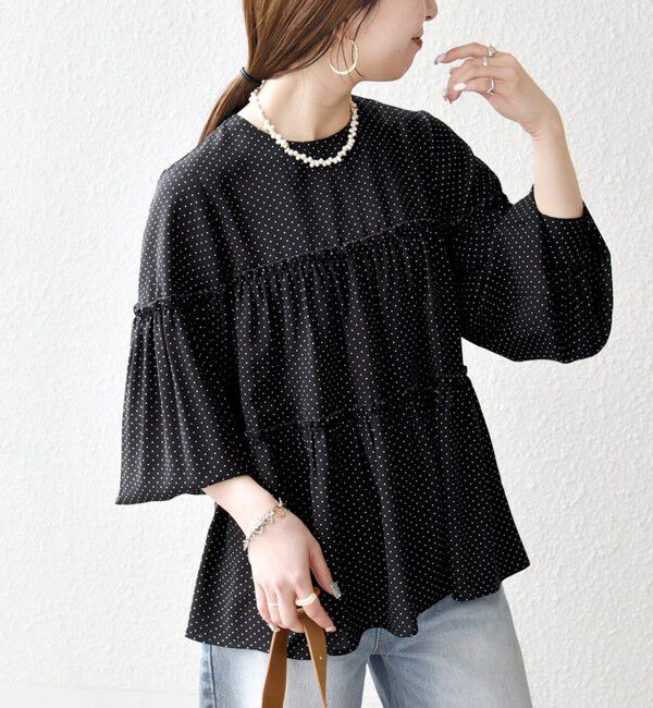SHIPS any「SHIPS any:〈洗濯機可能〉ドット ノーカラー ティアード フレア ブラウス」|シャツ・ブラウス|ブラック
