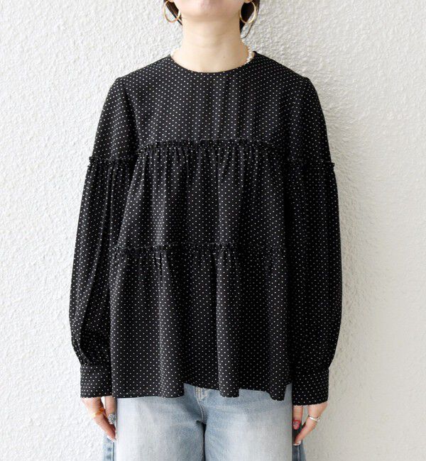 SHIPS any「SHIPS any:〈洗濯機可能〉ドット ノーカラー ティアード フレア ブラウス」|シャツ・ブラウス|