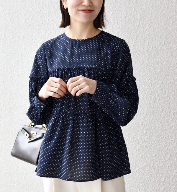 SHIPS any「SHIPS any:〈洗濯機可能〉ドット ノーカラー ティアード フレア ブラウス」|シャツ・ブラウス|ネイビー