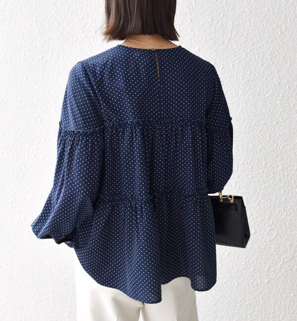 SHIPS any「SHIPS any:〈洗濯機可能〉ドット ノーカラー ティアード フレア ブラウス」|シャツ・ブラウス|
