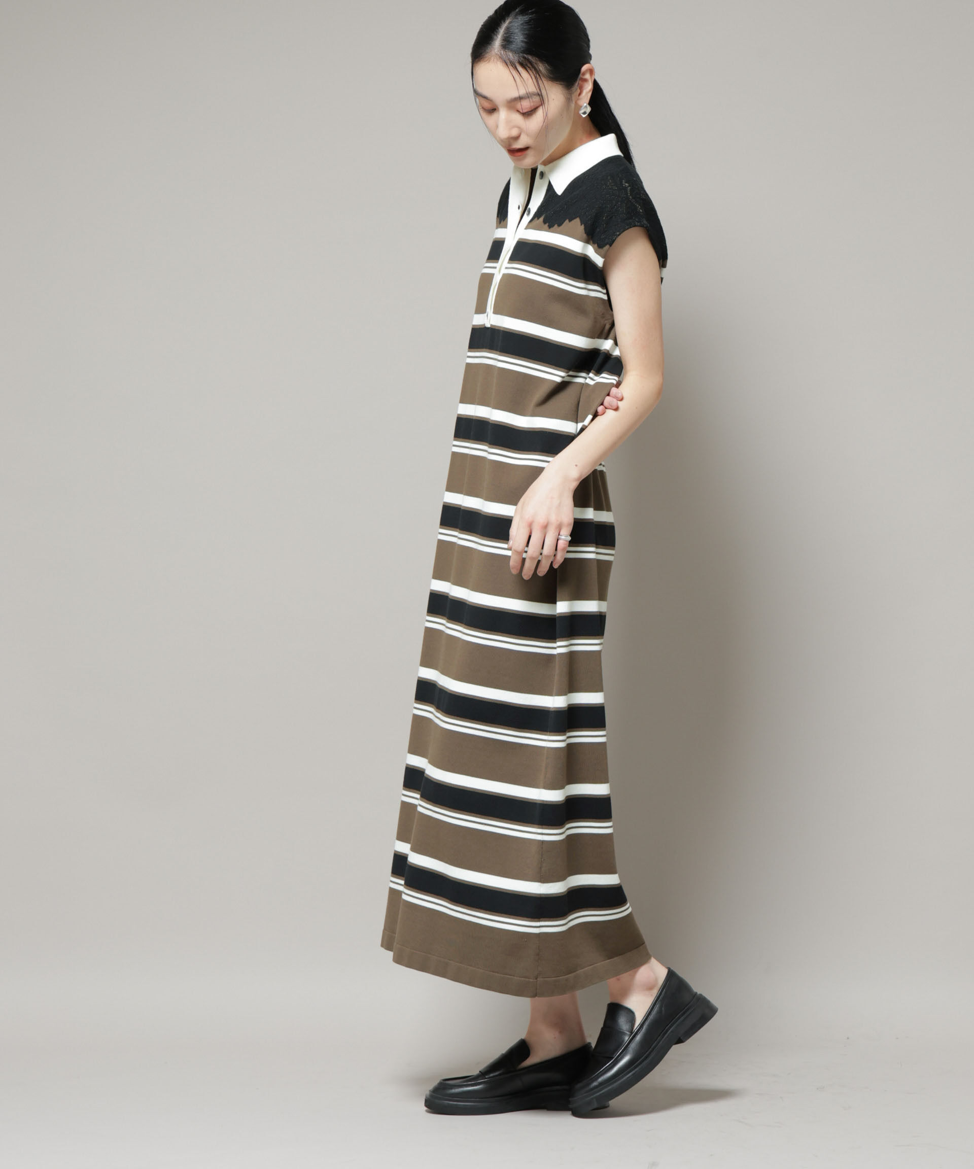 nano･universe「コットンボーダーレース編みポロニットワンピース」|ワンピース|