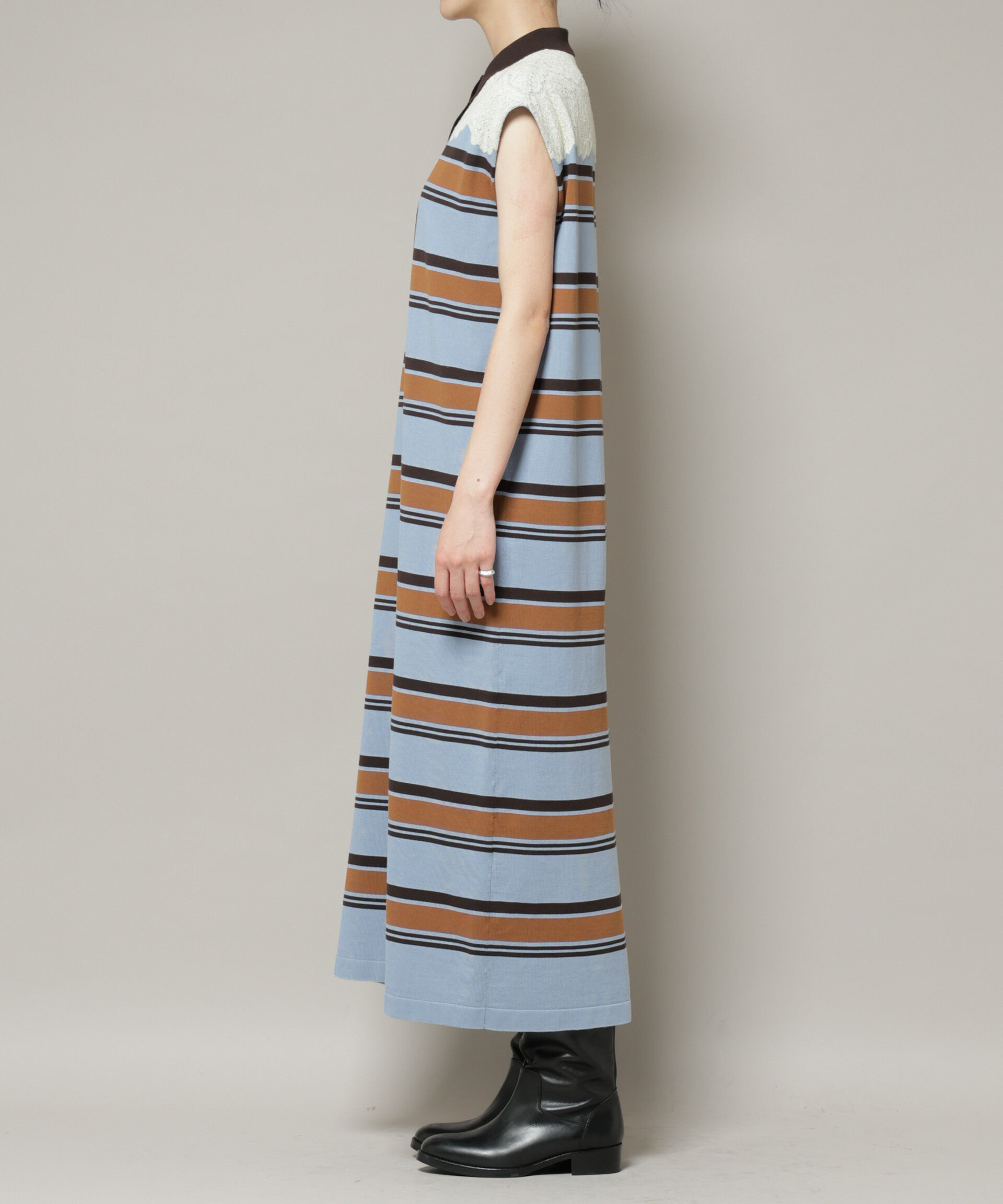 nano･universe「コットンボーダーレース編みポロニットワンピース」|ワンピース|