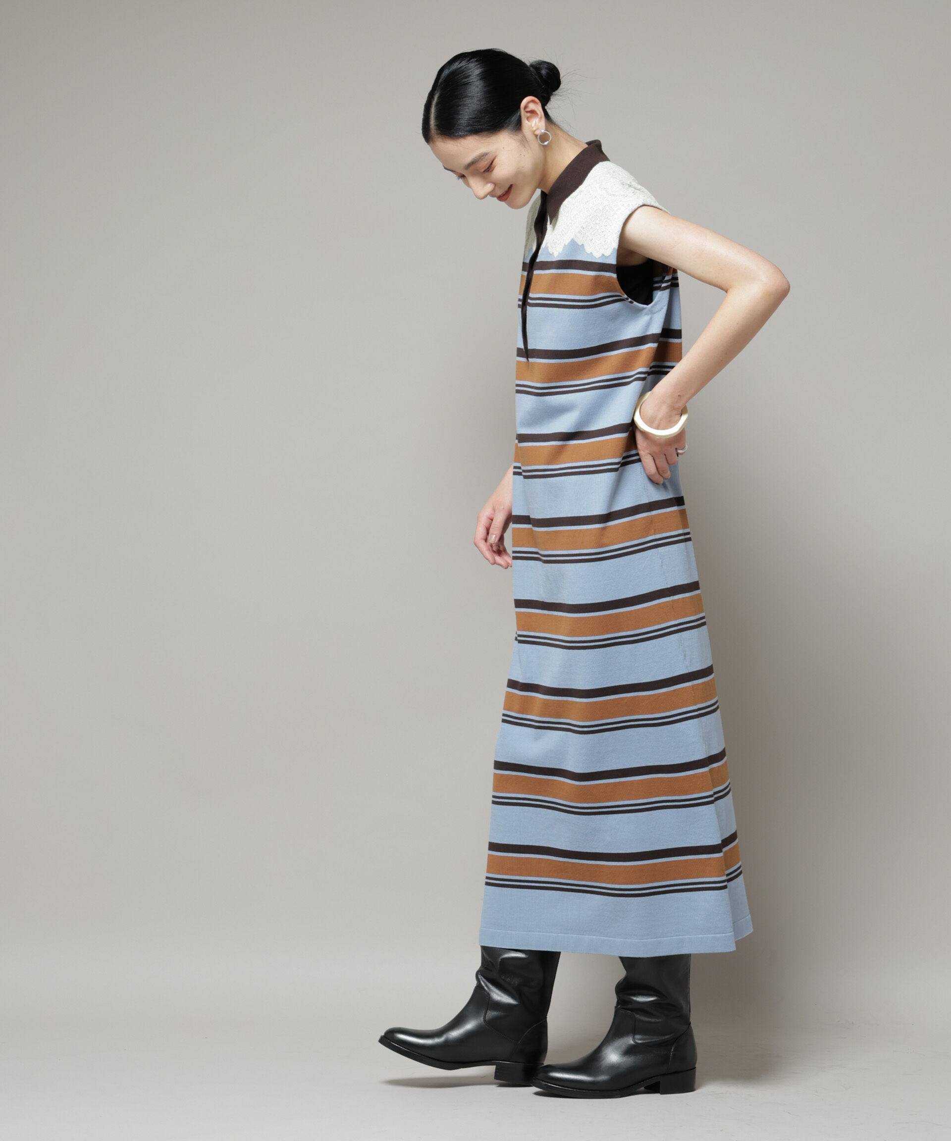 nano･universe「コットンボーダーレース編みポロニットワンピース」|ワンピース|