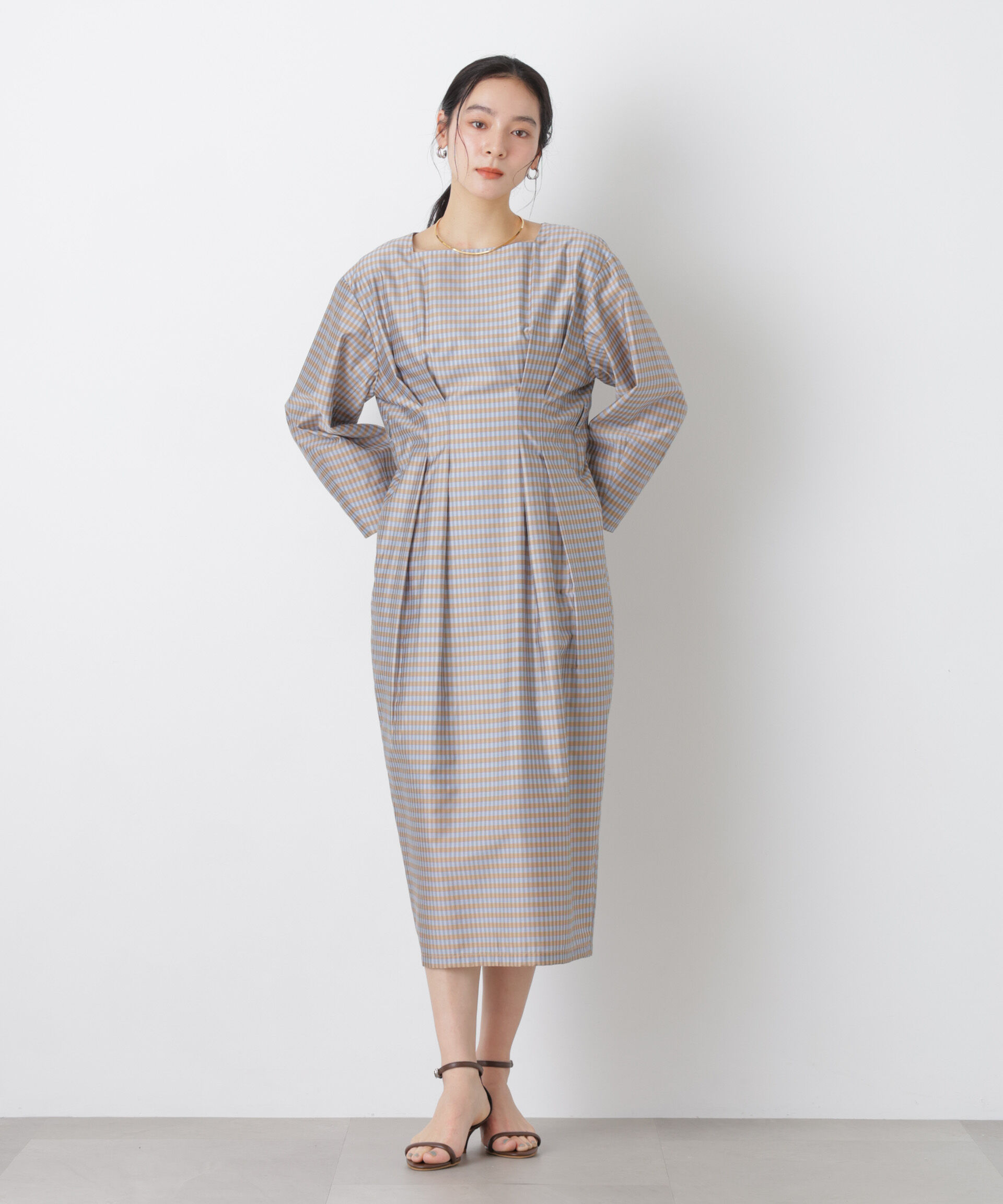 nano･universe「コンストラクテッドシェイプチェックワンピース」|ワンピース|ブルー