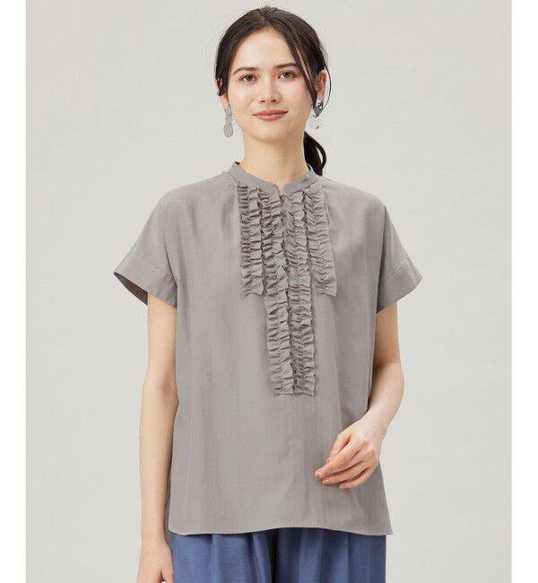 自由区「【洗える】ソフトリネンフリルディティール ブラウス」|シャツ・ブラウス|グレー