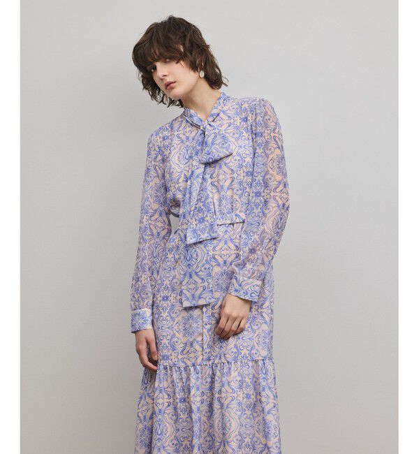 GRACE CONTINENTAL「ダマスク柄風プリントワンピース」|ワンピース|ブルー