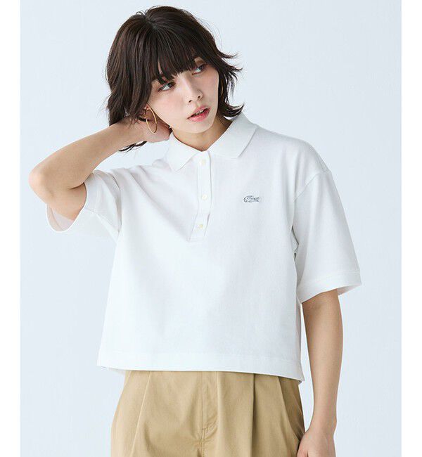 LACOSTE「ヘビーウェイト鹿の子 ワイド クロップド丈 半袖ポロシャツ」|ポロシャツ|ホワイト