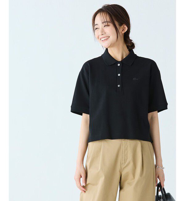 LACOSTE「ヘビーウェイト鹿の子 ワイド クロップド丈 半袖ポロシャツ」|ポロシャツ|ブラック