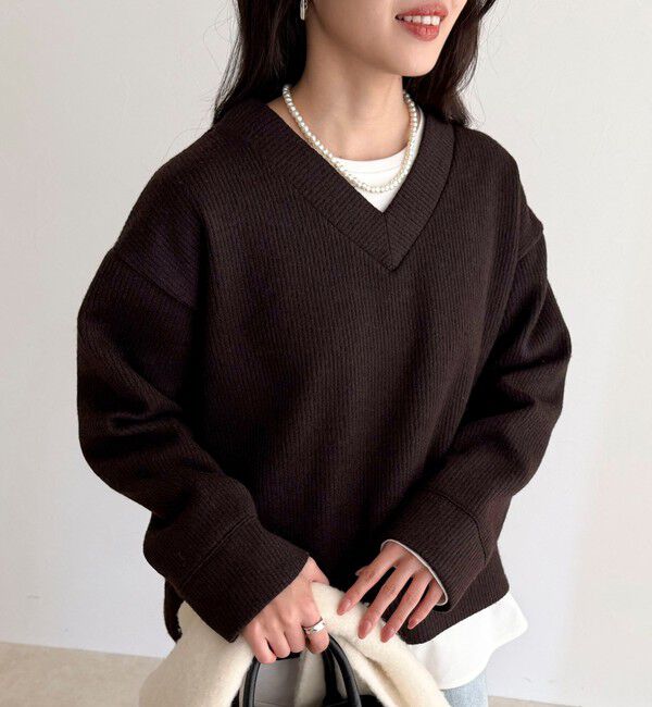 fredy emue「リブ見えニットソーVネックプルオーバー」|Tシャツ・カットソー|